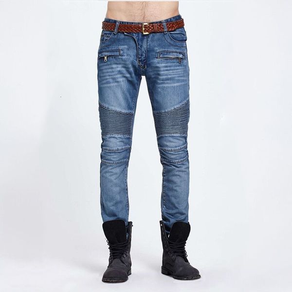 new men's pierced elastic light color pleated slim straight motorcycle pants jeans fashion, Blue
new men's pierced elastic light color pleated slim straight motorcycle pants jeans fashion, Blue
