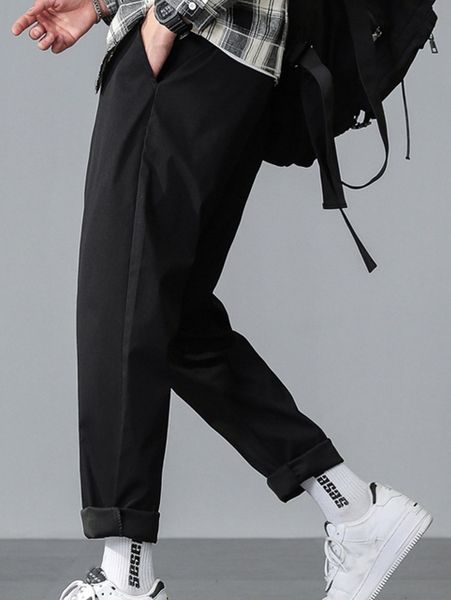men solid slant pocket tapered pants b3h6#, Black