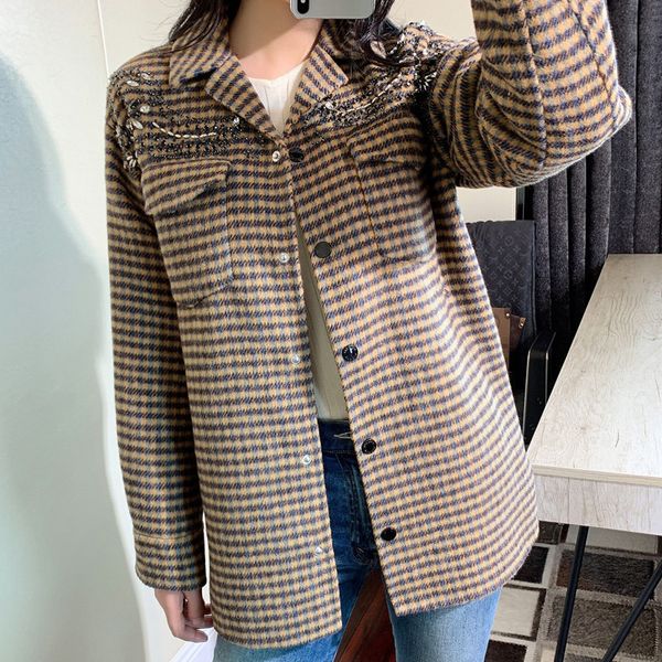 women's beading plaid coat wool blend autumn winter casual loose single breasted turn-down collar jacket with poackets 201028, Black;brown
women's beading plaid coat wool blend autumn winter casual loose single breasted turn-down collar jacket with poackets 201028, Black;brown
