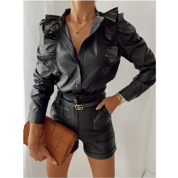 pu leather blouse autumn ruffle long sleeve button turn down collar office ladies retro streetwear shirt female clothes, White 
pu leather blouse autumn ruffle long sleeve button turn down collar office ladies retro streetwear shirt female clothes, White
