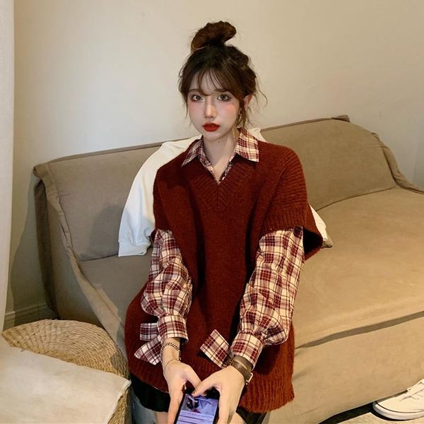 autumn korean 2021 new lazy style with small v-neck loose knitted vest vest and for women, Black;white
autumn korean 2021 new lazy style with small v-neck loose knitted vest vest and for women, Black;white