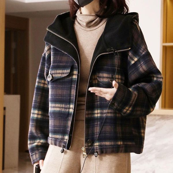 women's wool & blends women winter plaid double-sided woolen hooded jacket short loose female warm casual coat, Black
women's wool & blends women winter plaid double-sided woolen hooded jacket short loose female warm casual coat, Black
