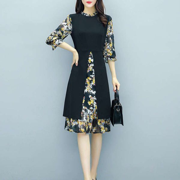 large women's fall 2020 floral chiffon stitching temperament waistline show thin fake two piece dress, Black;gray
large women's fall 2020 floral chiffon stitching temperament waistline show thin fake two piece dress, Black;gray