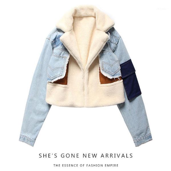 women's winter jacket fake lamb leather denim patchwork short coats pocket slim fashion 2021 casual women clothing streetwears1, Black
women's winter jacket fake lamb leather denim patchwork short coats pocket slim fashion 2021 casual women clothing streetwears1, Black