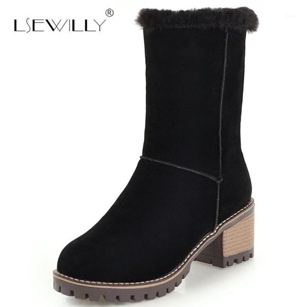 lsewilly 2020 winter fur plush sewing girls shoes beige black mid calf thick heel warm snow boots women plus size 33-43 e631