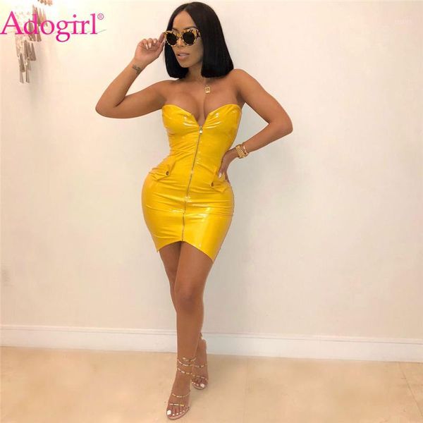 adogirl women strapless pu leather club dress solid yellow red gold zipper front bodycon mini party dresses vestidos mujer1, White;black
adogirl women strapless pu leather club dress solid yellow red gold zipper front bodycon mini party dresses vestidos mujer1, White;black