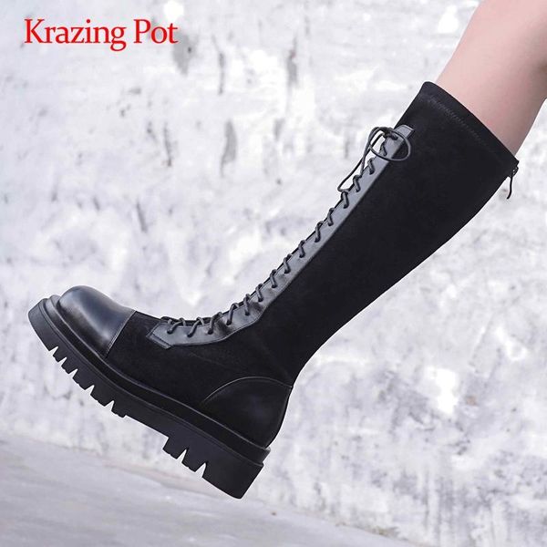 krazing pot large size riding boots natural leather mixed coloth round toe thick high heel lace up fashion knee-high boots l31, Black
krazing pot large size riding boots natural leather mixed coloth round toe thick high heel lace up fashion knee-high boots l31, Black