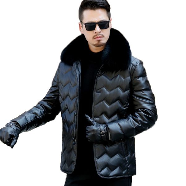 men's plus size 3xl winter keep warm white duck leather jacket with fox collar men down motorcycle coat, Black
men's plus size 3xl winter keep warm white duck leather jacket with fox collar men down motorcycle coat, Black
