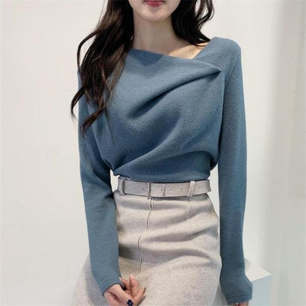 2020 elegant women skew collar irregular knitted sweater chic autumn winter femme pullovers solid color simple, White;black
2020 elegant women skew collar irregular knitted sweater chic autumn winter femme pullovers solid color simple, White;black