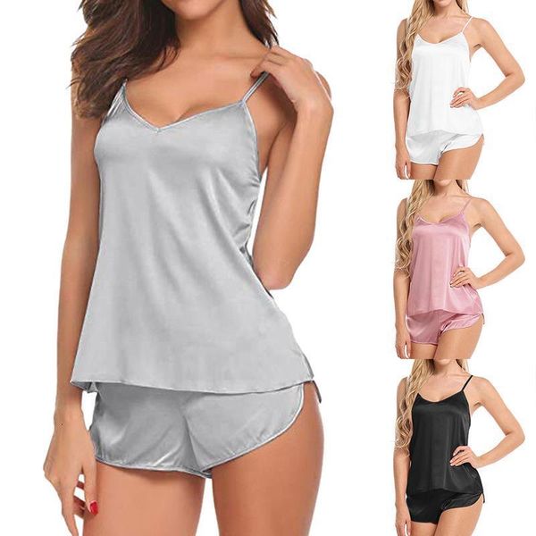women pajamas set soild simulation silk thin pajamas set v-neck camisole sleeveless and shorts female pajamas, Black;gray
women pajamas set soild simulation silk thin pajamas set v-neck camisole sleeveless and shorts female pajamas, Black;gray