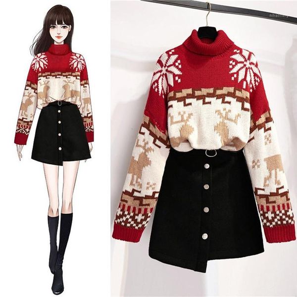 2019 winter women fashion deer pattern jacquard turtleneck thick christmas sweater + sashes wool black skirt suit 2 pieces set1, White
2019 winter women fashion deer pattern jacquard turtleneck thick christmas sweater + sashes wool black skirt suit 2 pieces set1, White