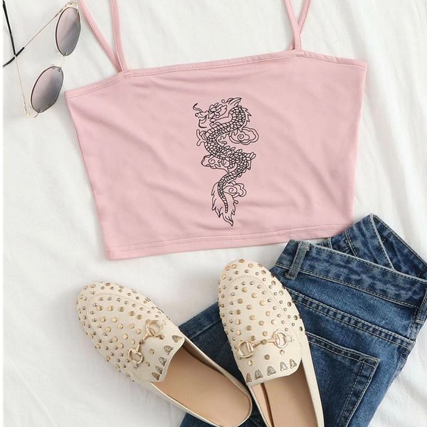 women 2020 casual summer season new style baby pink dragon print cropped cami, White
women 2020 casual summer season new style baby pink dragon print cropped cami, White