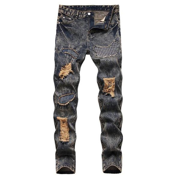 men's jeans vintage retro patchwork holes ripped plus size slim straight denim pants, Blue
men's jeans vintage retro patchwork holes ripped plus size slim straight denim pants, Blue