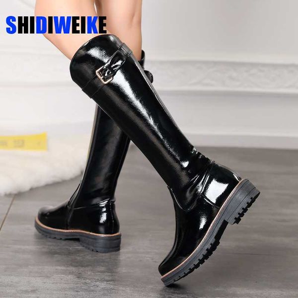 2020 winter fashion patent leather women motorcycle boots zipper buckle knee high boots round toe women footwear ac105, Black 
2020 winter fashion patent leather women motorcycle boots zipper buckle knee high boots round toe women footwear ac105, Black