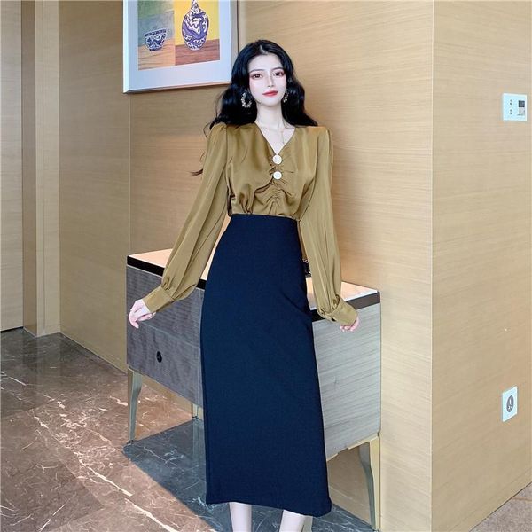 women's tracksuits autumn fashion 2pc women dress suits two pieces v-neck long lantern sleeve satin slim shirt+slit high-waist midi ski, Gray
women's tracksuits autumn fashion 2pc women dress suits two pieces v-neck long lantern sleeve satin slim shirt+slit high-waist midi ski, Gray