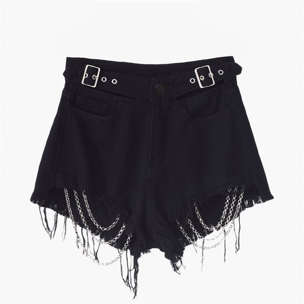 black fringe goth chain denim shorts women cut out shorts summer adjustable belt high waist fitted solid casual short jeans lady t200701, White;black
black fringe goth chain denim shorts women cut out shorts summer adjustable belt high waist fitted solid casual short jeans lady t200701, White;black