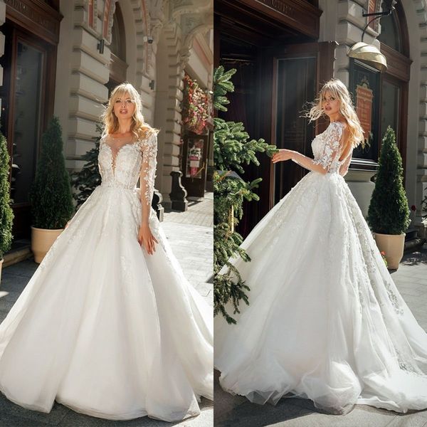 long sleeve wedding dress 2020 jewel neck a line lace floral appliqued robe de mariée customize beach style vestido de noiva, White
long sleeve wedding dress 2020 jewel neck a line lace floral appliqued robe de mariée customize beach style vestido de noiva, White