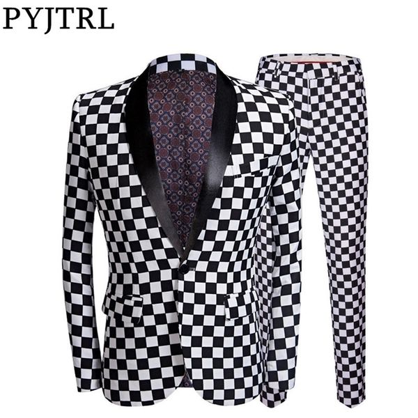 pyjtrl fashion suit men black white plaid print 2 pieces set shawl lapel suits designs wedding stage singer slim fit costume 201106, White;black
pyjtrl fashion suit men black white plaid print 2 pieces set shawl lapel suits designs wedding stage singer slim fit costume 201106, White;black