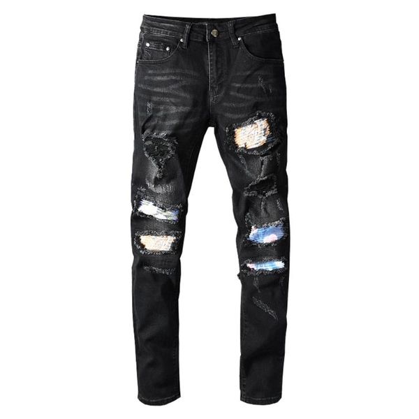 men's streetwear skinny biker jeans slim stretch denim pants holes ripped black trousers, Blue
men's streetwear skinny biker jeans slim stretch denim pants holes ripped black trousers, Blue