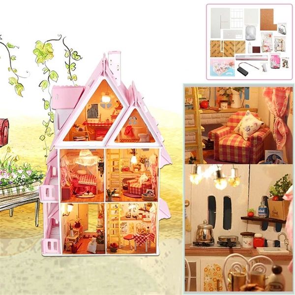 Wooden Dolls House Miniature Box For Children Gift Handmade Led Light Miniature Dollhouse Furniture Doll House Accessories Y200413