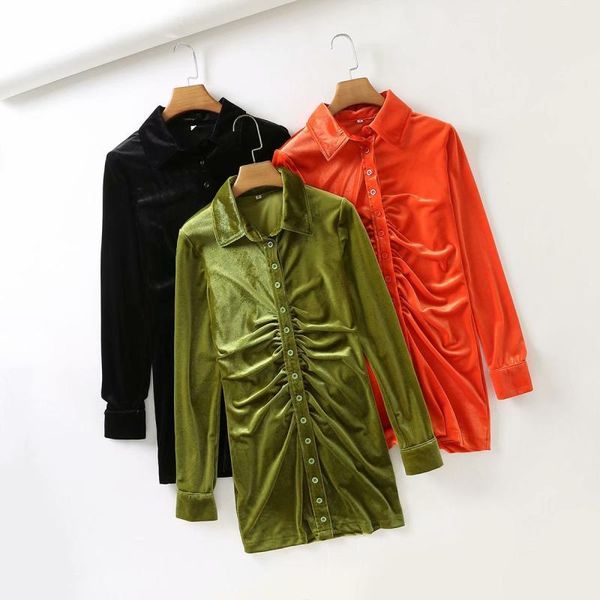 autumn and winter women's shirt velvet dress lapel long sleeve french retro button pleated temperament, Black;gray
autumn and winter women's shirt velvet dress lapel long sleeve french retro button pleated temperament, Black;gray