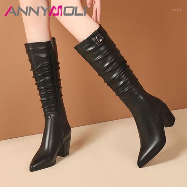 annymoli real leather high heel woman boots pointed toe knee high boots zip pleated long thick heel ladies shoes black 451
annymoli real leather high heel woman boots pointed toe knee high boots zip pleated long thick heel ladies shoes black 451