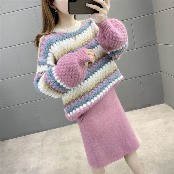 

l6xxc slimming short sleeve winter new striped sweater loose 2020 round neck long autumn skirt pullover and pullover sweater skirt two-piece, Gray