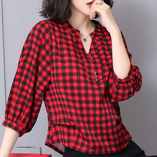 women spring summer style blouses shirts lady casual loose style v-neck half lantern sleeve plaid printed blusas dd8804, White
women spring summer style blouses shirts lady casual loose style v-neck half lantern sleeve plaid printed blusas dd8804, White