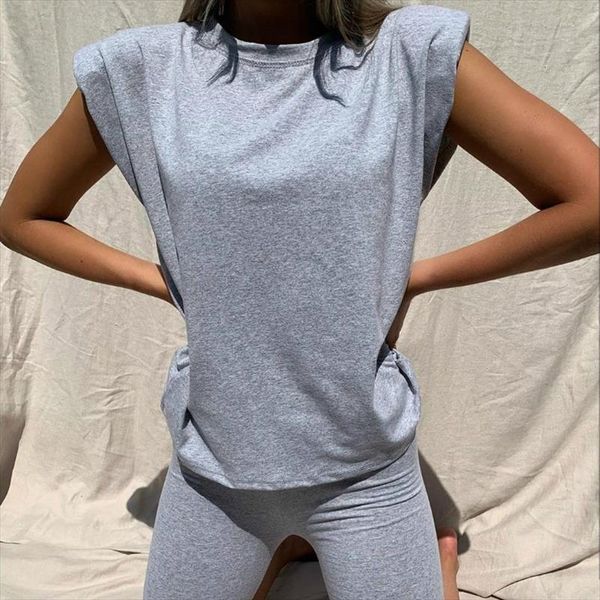 summer shoulder pad t shirts o neck sets khaki sleeveless two piece set crop and shorts drawstring 2 piece women set, Gray
summer shoulder pad t shirts o neck sets khaki sleeveless two piece set crop and shorts drawstring 2 piece women set, Gray