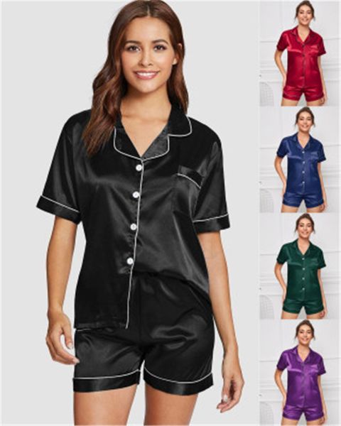 womens solid color sleepwear fashion trend plus size short sleeve cardigan shorts 2pcs sets pajamas female summer casual home clothes, Black;red 
womens solid color sleepwear fashion trend plus size short sleeve cardigan shorts 2pcs sets pajamas female summer casual home clothes, Black;red