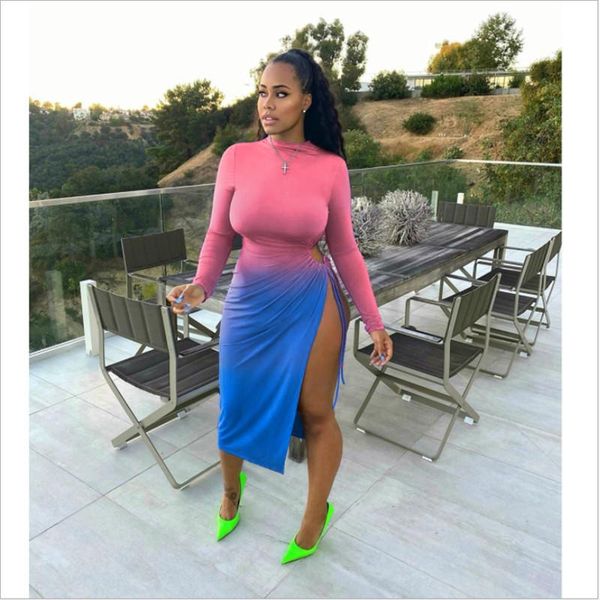 long sleeves slim casual dress women fashion gradient bodycon long vestido female fall spring high neck high split hollow dress, Black;gray
long sleeves slim casual dress women fashion gradient bodycon long vestido female fall spring high neck high split hollow dress, Black;gray