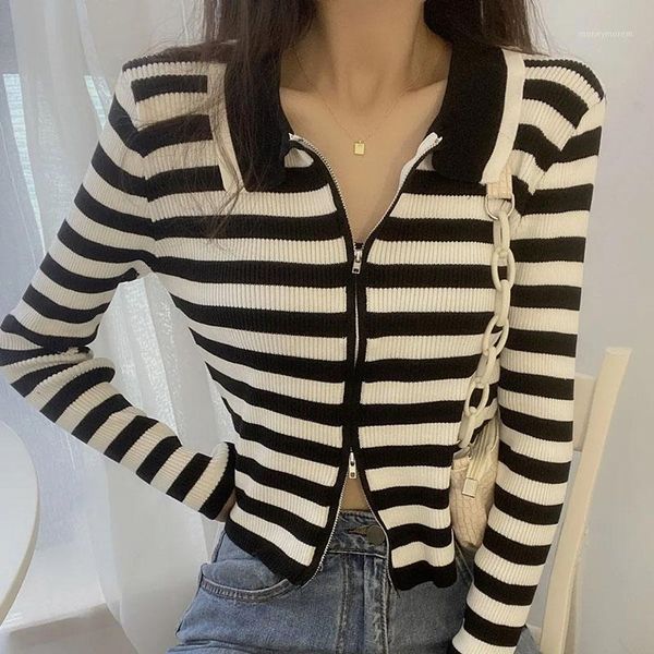 women's knits & tees double-headed zipper striped knitted short cardigan women skinny knitwear korean fashion long sleeve sweaters fem, White
women's knits & tees double-headed zipper striped knitted short cardigan women skinny knitwear korean fashion long sleeve sweaters fem, White