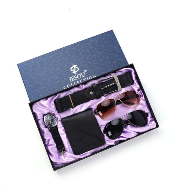 set new double men's gift box sunglasses quartz watch wallet belt 5-piece set, White;black
set new double men's gift box sunglasses quartz watch wallet belt 5-piece set, White;black
