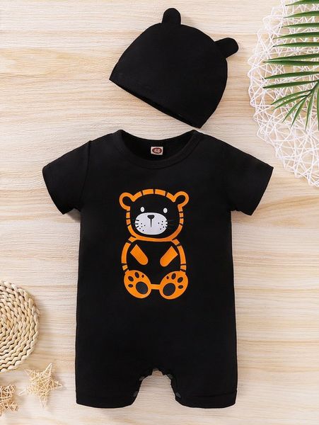 baby cartoon bear print tee romper & 3d ear design hat she, Blue