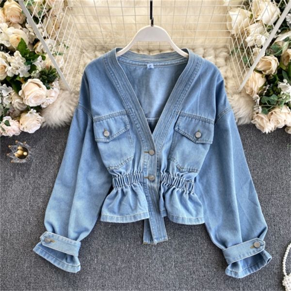 2021 new retro denim jacket women spring new temperament v-neck buckle slim short lotus leaf hem gz2s, Black;brown
2021 new retro denim jacket women spring new temperament v-neck buckle slim short lotus leaf hem gz2s, Black;brown