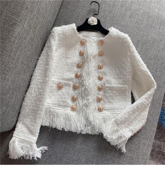 high street 2020 designer stylish women's lion buttons embellished tassel fringed tweed jacket, Black;brown
high street 2020 designer stylish women's lion buttons embellished tassel fringed tweed jacket, Black;brown