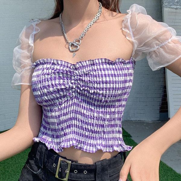 women's puff short puff sleeve cute square neck frill smocked crop plaid t-shirt1, White
women's puff short puff sleeve cute square neck frill smocked crop plaid t-shirt1, White