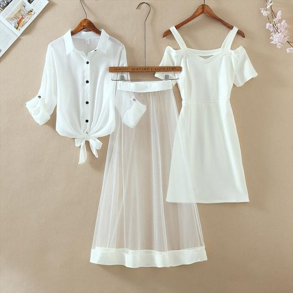 autumn new three piece sets fashion outfits white long sleeve shirt cold cut out off shoulder mini dress long mesh sheer skirts, Gray
autumn new three piece sets fashion outfits white long sleeve shirt cold cut out off shoulder mini dress long mesh sheer skirts, Gray