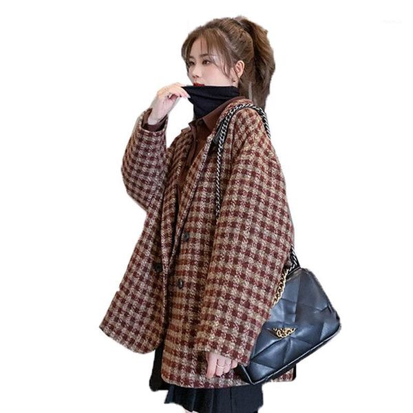 plaid women's jacket spring autumn blended woolen coat korean style suit collar oversized check casual women jackets outwear w231, Black
plaid women's jacket spring autumn blended woolen coat korean style suit collar oversized check casual women jackets outwear w231, Black