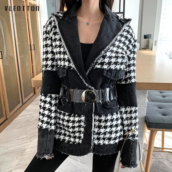 women's jackets 2021 spring autumn vintage plaid wool tweed denim spliced jacket coat female with belt tassel slim outwear women, Black;brown
women's jackets 2021 spring autumn vintage plaid wool tweed denim spliced jacket coat female with belt tassel slim outwear women, Black;brown