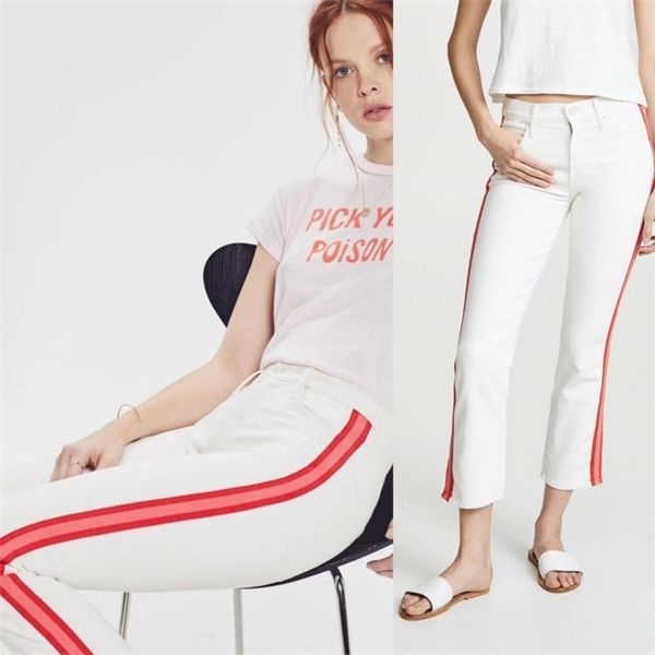 new style early spring fashion classic brand design middle-waisted side red vertical bar women's white split straight jeans y1214, Blue
new style early spring fashion classic brand design middle-waisted side red vertical bar women's white split straight jeans y1214, Blue
