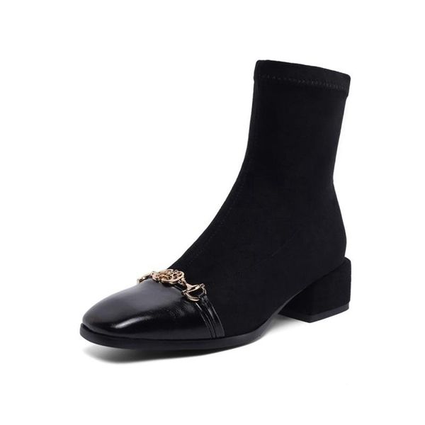 ankle elastic sock boots chunky high heels square stretch women booties square head woman martin shoe d-882, Black