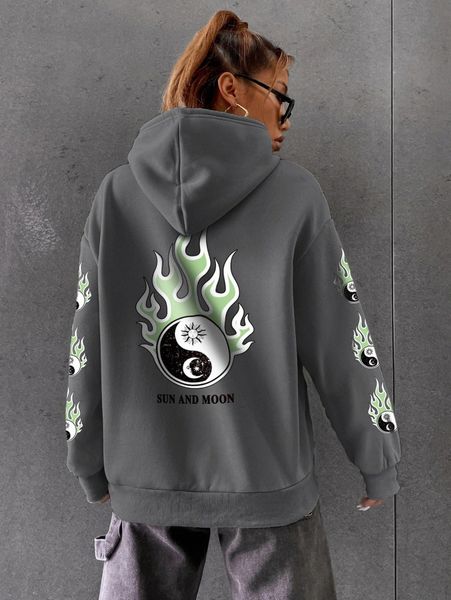 yin and yang & fire print drop shoulder hoodie 99ie#, White;black