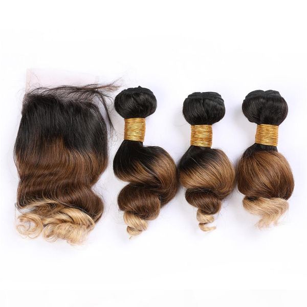 #1b 4 27 ombre hair weaves loose wave human hair bundles with closure three tone colored brazilian virgin hair weaves with lace closure, Black;brown 
#1b 4 27 ombre hair weaves loose wave human hair bundles with closure three tone colored brazilian virgin hair weaves with lace closure, Black;brown