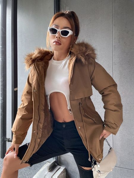 drawstring waist fuzzy trim hooded parka coat v2j0#, Black
drawstring waist fuzzy trim hooded parka coat v2j0#, Black