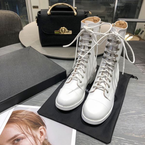 designer womens boots luxury white leather symbol embroidery metal square decoration lace-up round head low heel with box size, Black
designer womens boots luxury white leather symbol embroidery metal square decoration lace-up round head low heel with box size, Black
