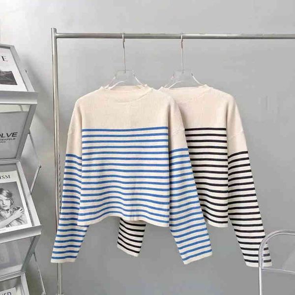 early autumn stripe contrast navy style sweater women's round neck pullover casual long sleeve bottomed fashion, White
early autumn stripe contrast navy style sweater women's round neck pullover casual long sleeve bottomed fashion, White