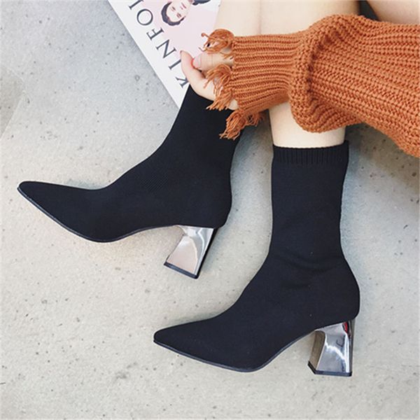 2021 new 2002 winter stockings heels ladies'boots elastic heel stilettos to boots woman boats hump, Black