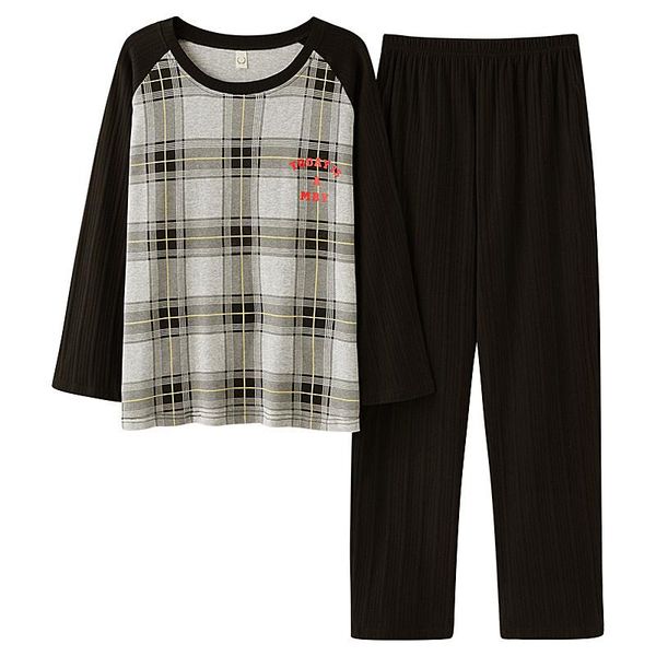 crew neck long sleeve long pants sleepwear fashion style casual style man clothes plaid printing pajamas set spring autumn, Black;brown