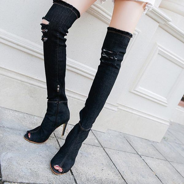 women's denim over the knee boots women peep toe woman thin high heels ladies autumn pumps female long boot shoes plus size, Black
women's denim over the knee boots women peep toe woman thin high heels ladies autumn pumps female long boot shoes plus size, Black